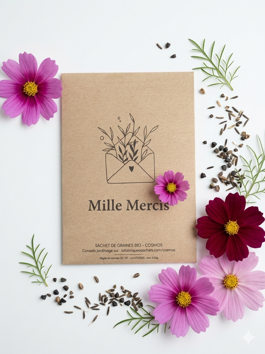 Sachet de graines en papier kraft "Mille Mercis" avec illustration d'une enveloppe et de fleurs, contenant des graines de fleurs de cosmos bio à offrir comme cadeau invité écologique.