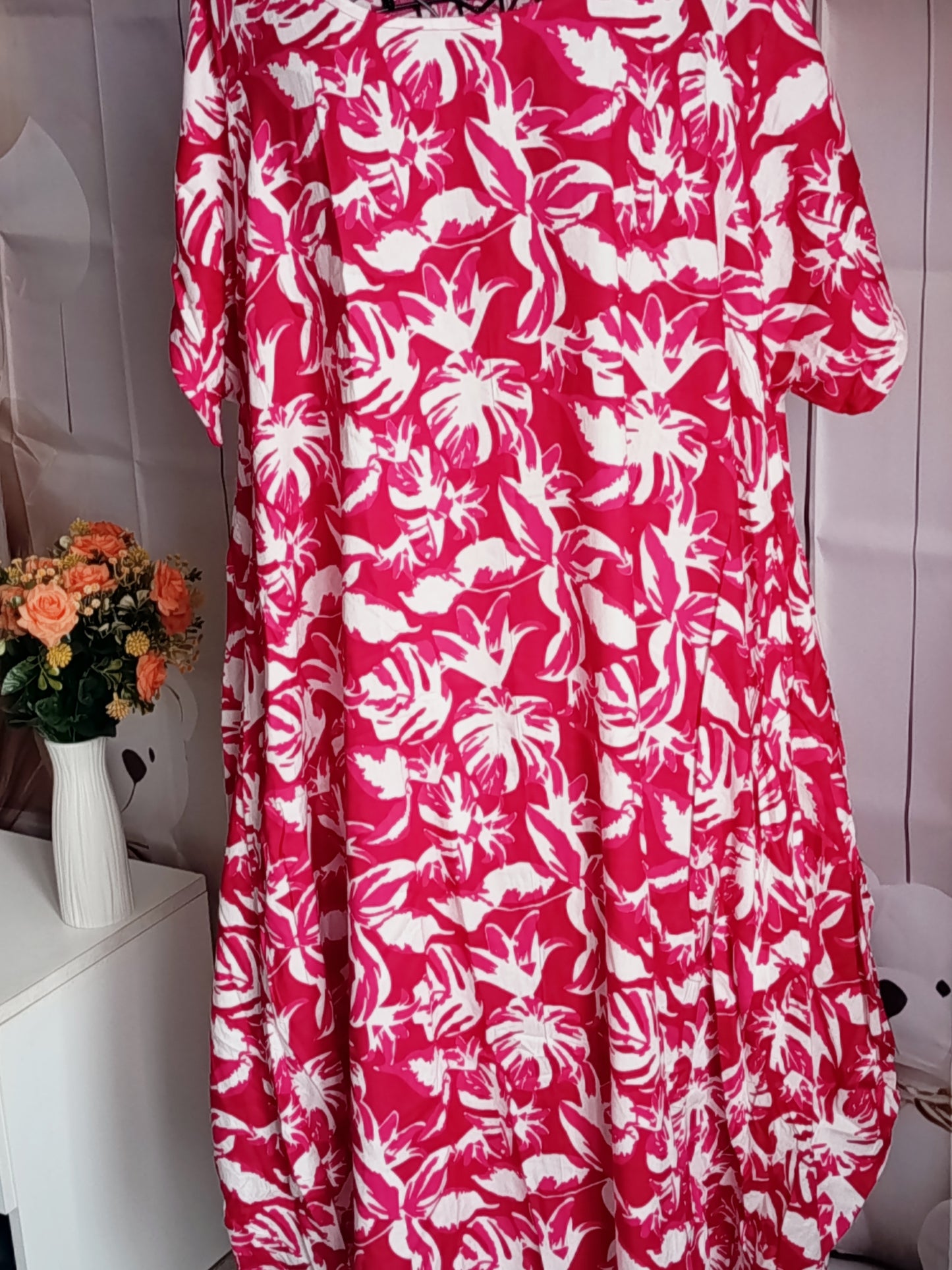 Robe Grande Taille en viscose, blanc et rose, taille 56-58-60, N4