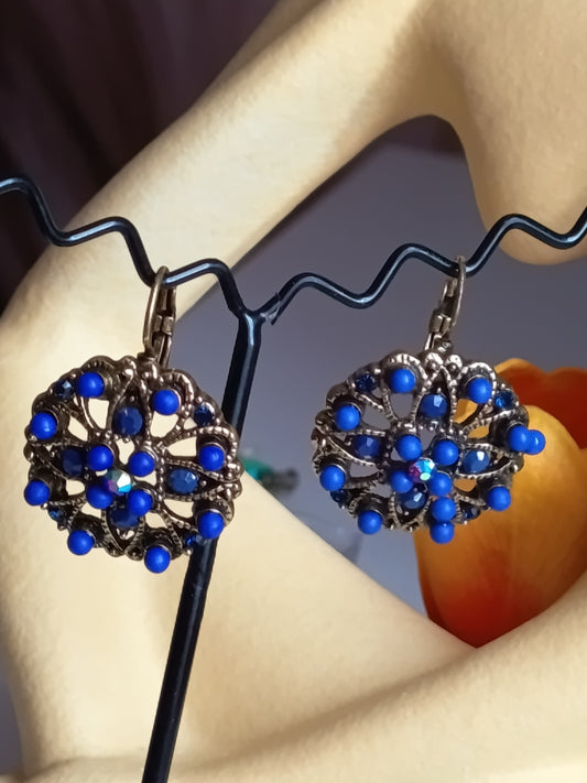 💙 Boucles d’Oreilles "Rosace Royale" – Bleu Cobalt & Bronze Antique