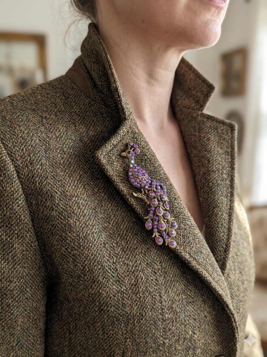 🌺🦚Broche Paon Royale Vintage, Cristal Violet, rose & Aurore Boréale et finition dorée Antique🦚🌺