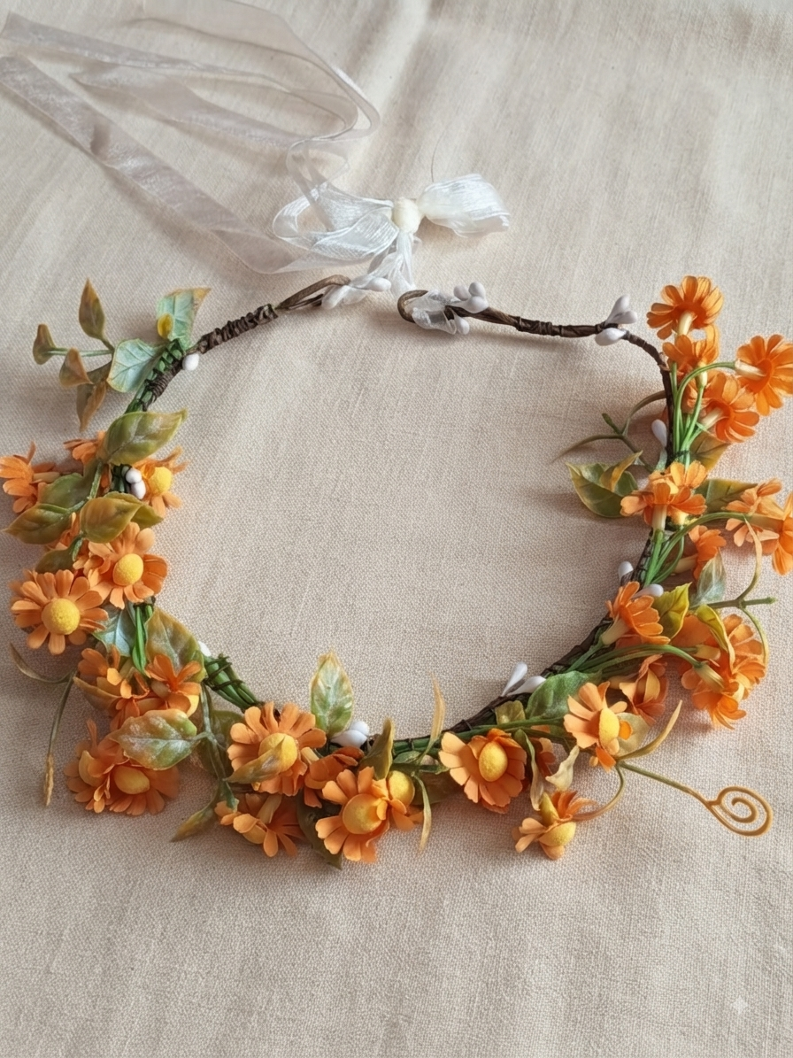 👑 Couronne de Fleurs Bohème Orange - Parfaite pour Mariage et Cérémonie 🌸🌿