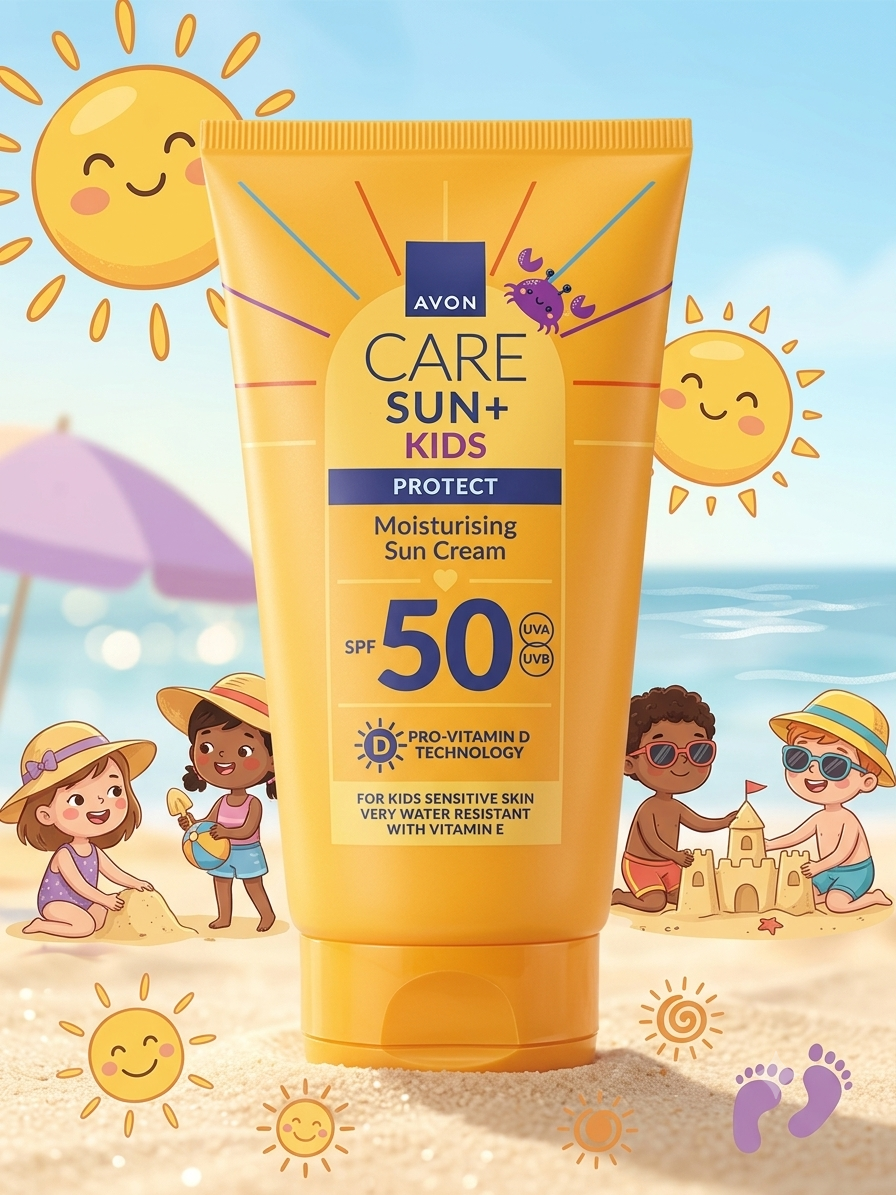 Tube de crème solaire hydratante pour enfants Avon Care Sun+ Kids Protect SPF 50, haute protection UVA/UVB pour peaux sensibles, format 150 ml.