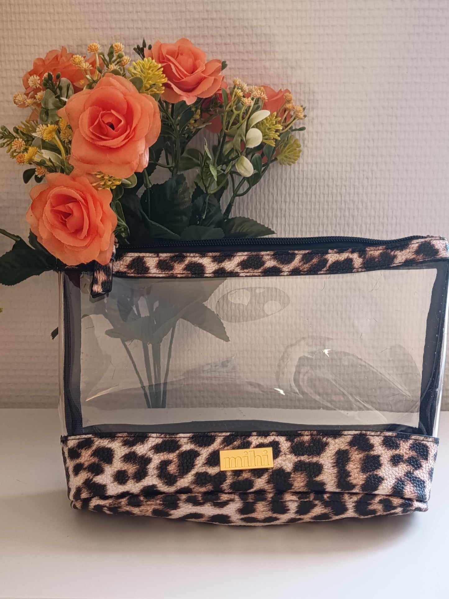 Pochette de toilette ou autre,  glamour sauvage,  transparent et imprimé léopard, fermeture éclair, édition limitée