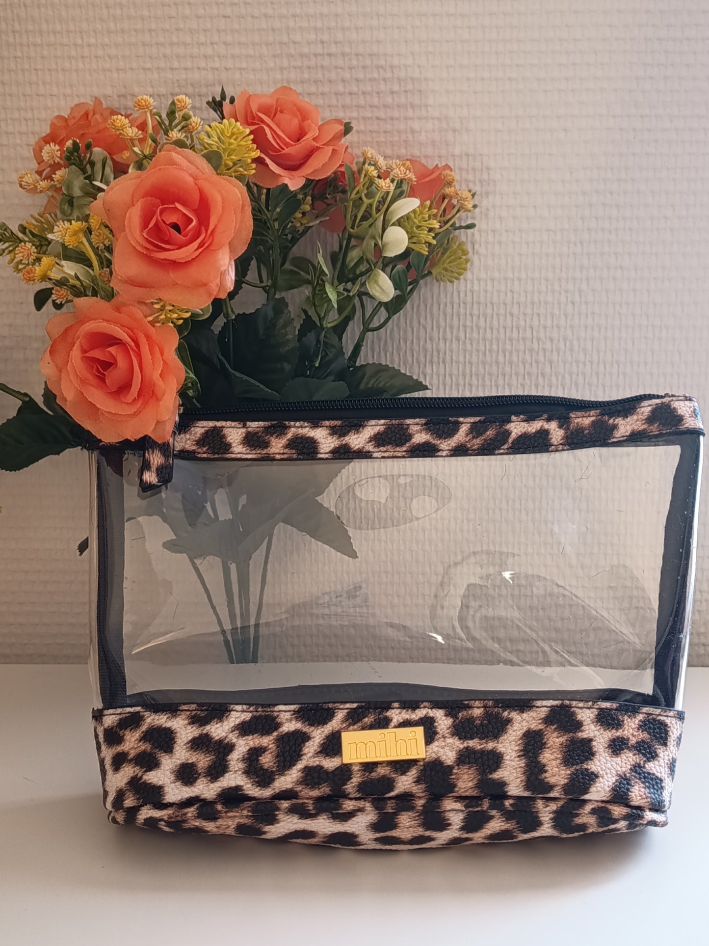 Pochette de toilette ou autre,  glamour sauvage,  transparent et imprimé léopard, fermeture éclair, édition limitée