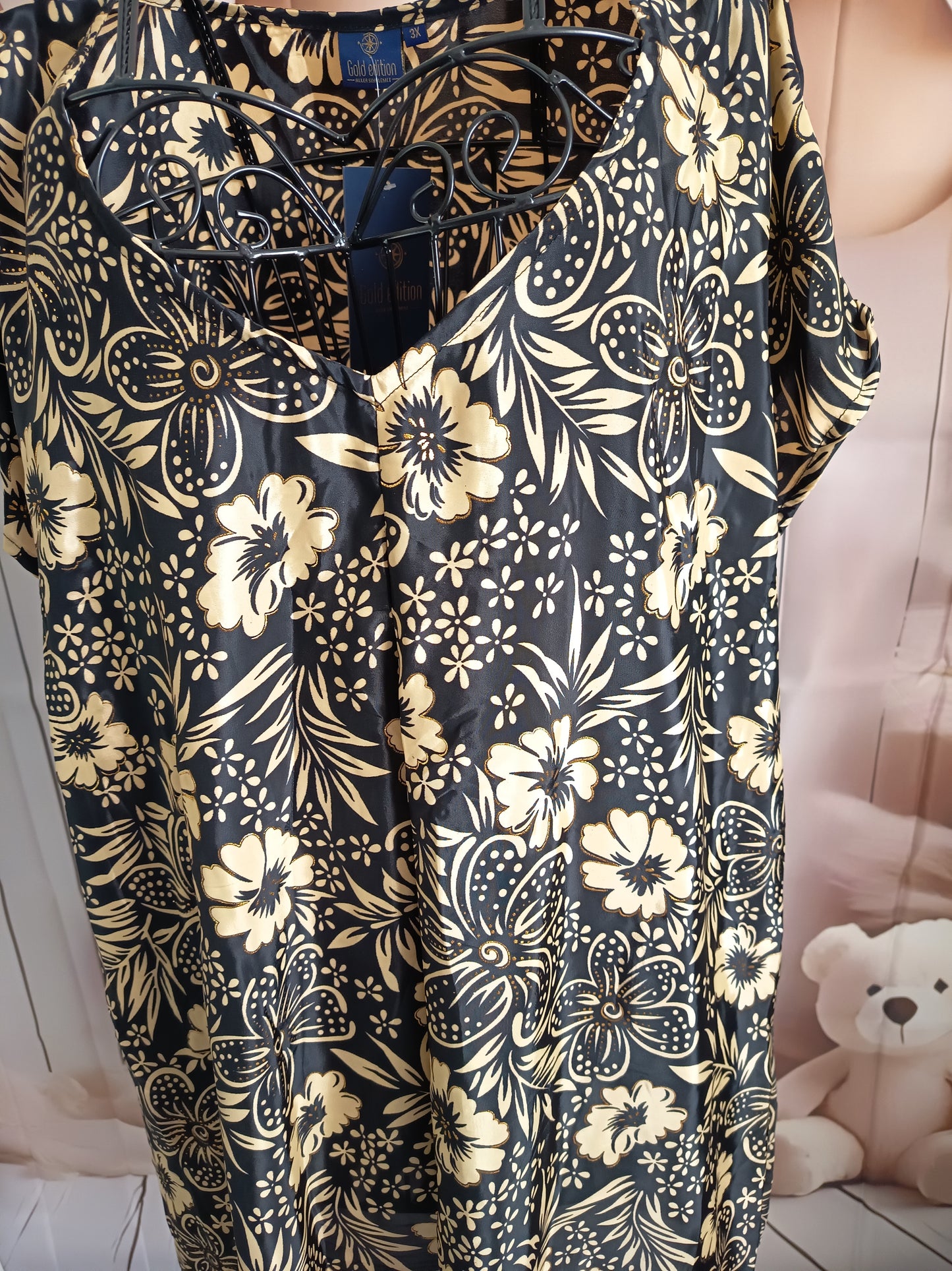 Tunique grande taille, polyester, noire, crème et or, taille 56-58-60, n10