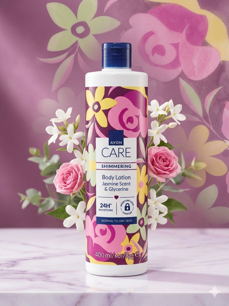 Lait corporel illuminateur Avon Care au jasmin et glycérine dans un flacon de 400ml sur un fond floral décoratif.