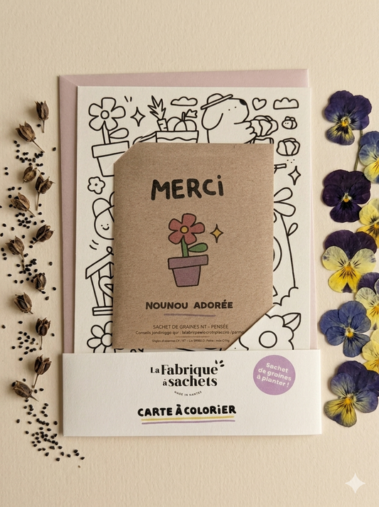 🌸 Carte à Colorier "Merci Nounou Adorée" – Kit Graines Pensées