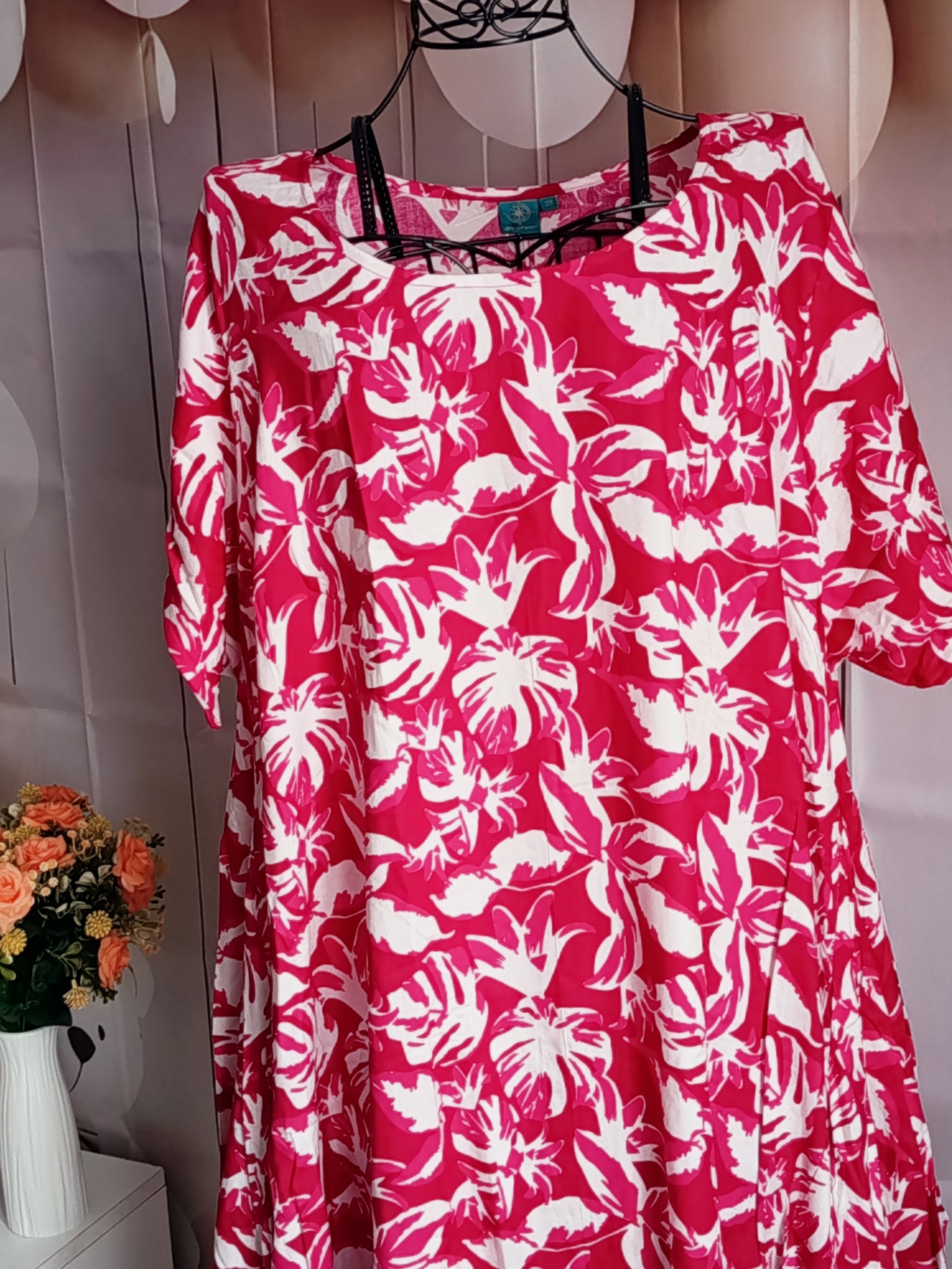 Robe Grande Taille en viscose, blanc et rose, taille 56-58-60, N4