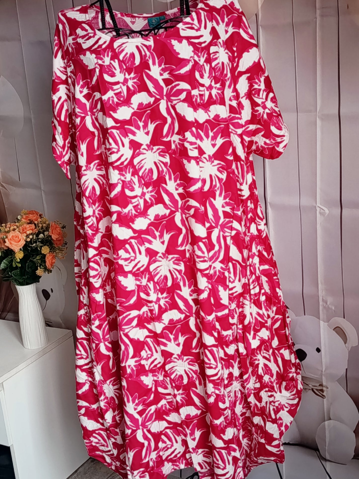 Robe Grande Taille en viscose, blanc et rose, taille 56-58-60, N4