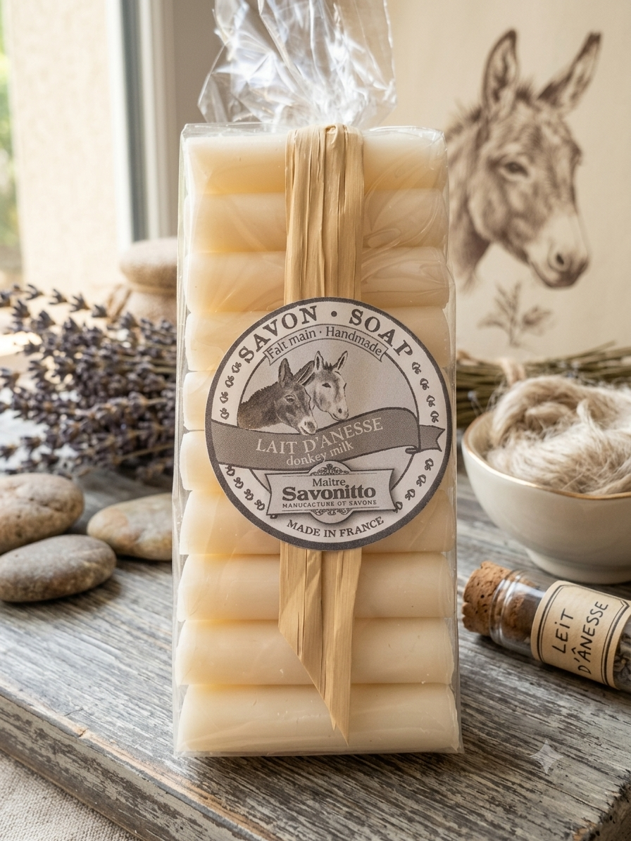"Pack de savon artisanal au lait d'ânesse de la marque Maître Savonitto, emballé dans un film transparent avec un lien en raphia, posé sur une planche en bois rustique avec des pierres et de la lavande en arrière-plan."