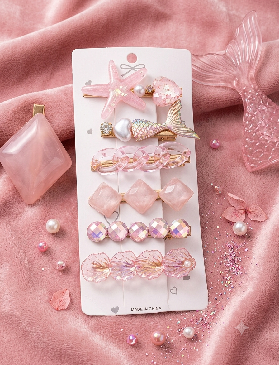 Image présentant un set de six pinces crocrodiles à cheveux de couleur rose, disposées sur un carton blanc. Le set comprend : une pince étoile de mer, une queue de sirène irisée, des maillons en résine rose, des formes géométriques diamant, des strass ronds scintillants et une barrette en forme de pétales de fleurs. Le tout est posé sur un tissu en velours rose avec des éléments décoratifs comme une queue de sirène en plastique et de petites perles brillantes.