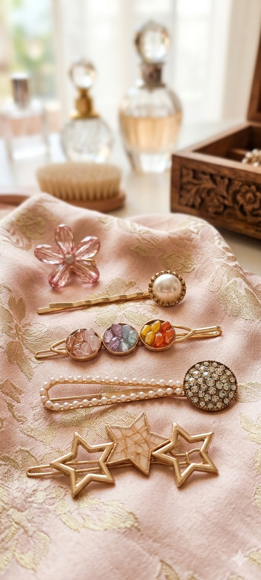 Lot de 5 barrettes et 1 pince crocrodile, avec perles, pierres. Original.