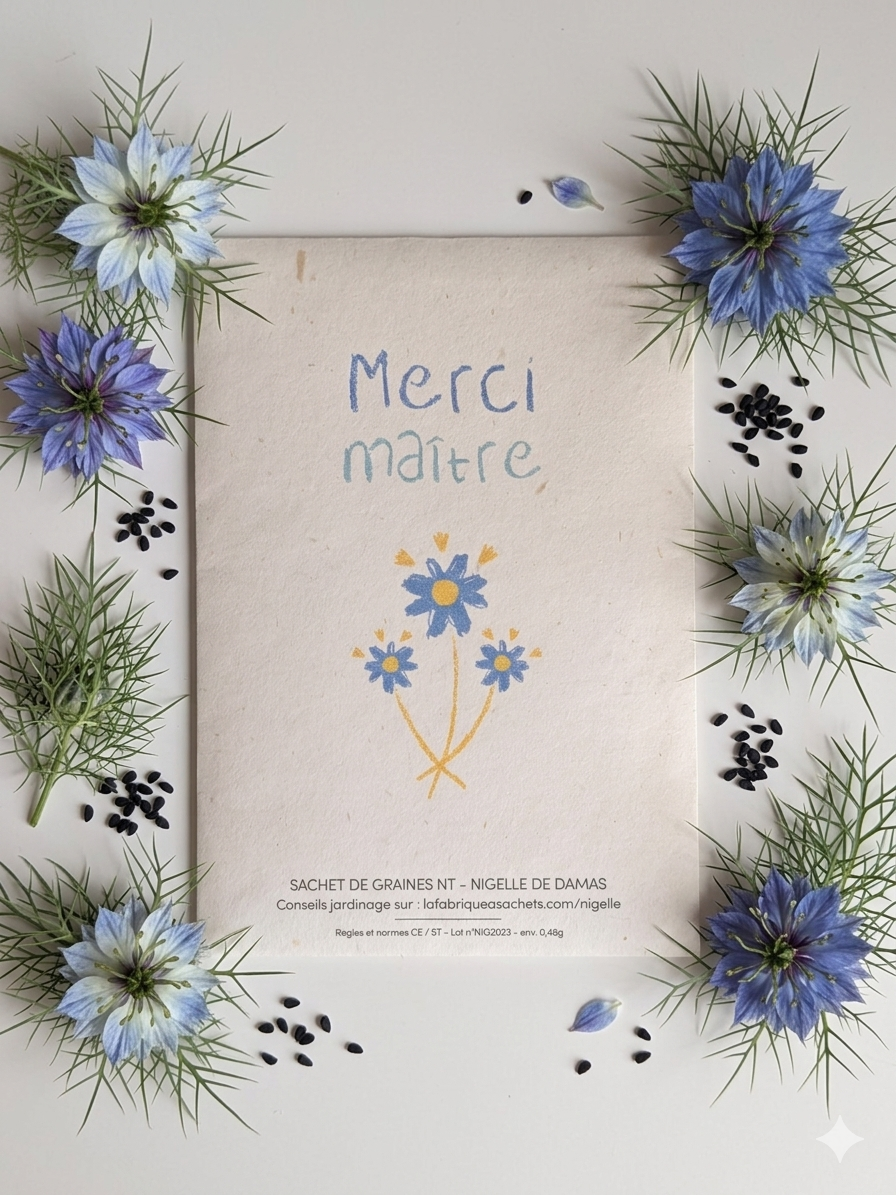 Sachet de graines à planter Nigelle de Damas avec inscription Merci Maître