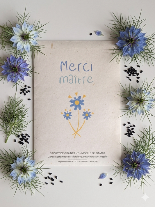 Sachet de graines à planter Nigelle de Damas avec inscription Merci Maître