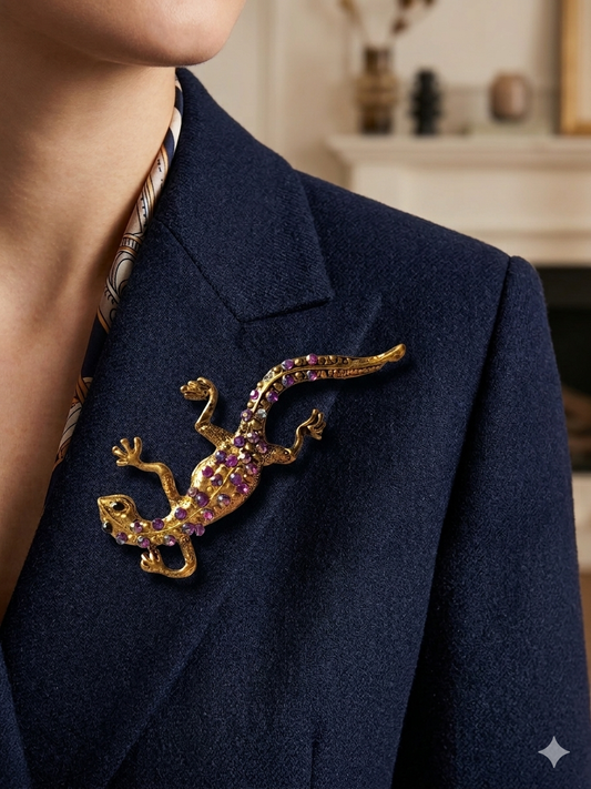 Broche Lézard Vintage Dorée – Cristaux Améthyste & Éclats Boréaux
