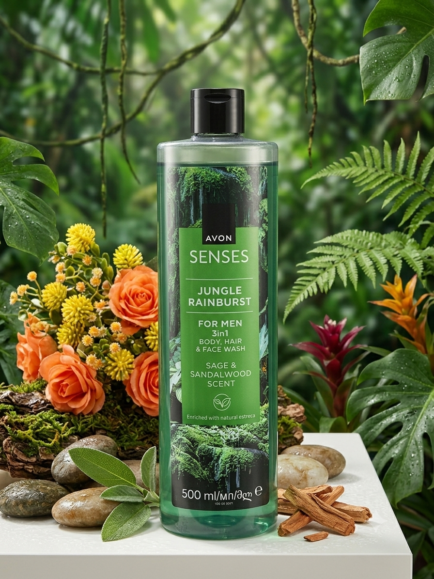 Flacon de gel douche 3-en-1 Avon Senses Jungle Rainburst de 500 ml, parfum sauge et bois de santal. Pour homme.