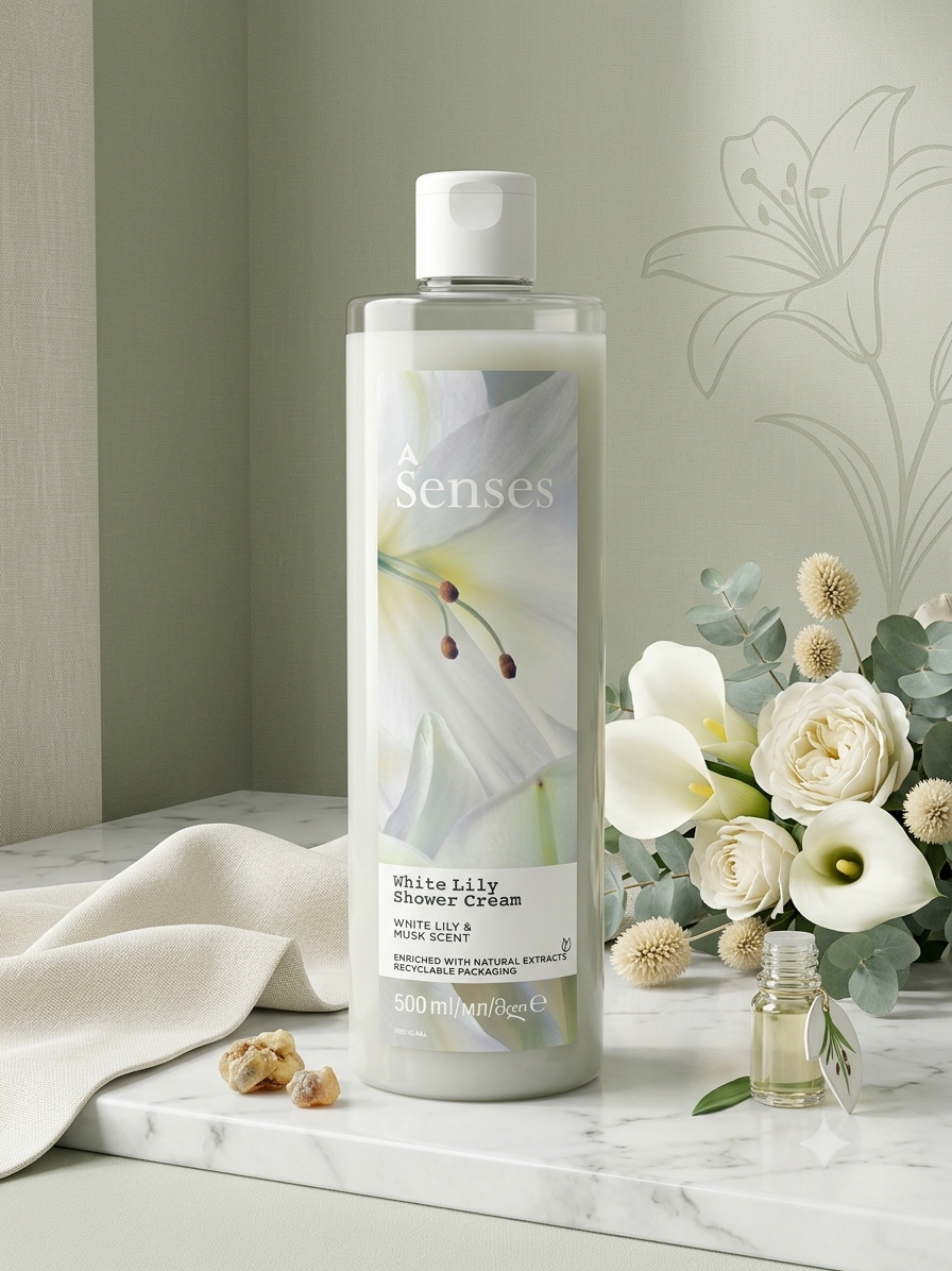 "Bouteille de gel douche A'Senses White Lily & Musk, 500 ml, design élégant avec motif de lys."