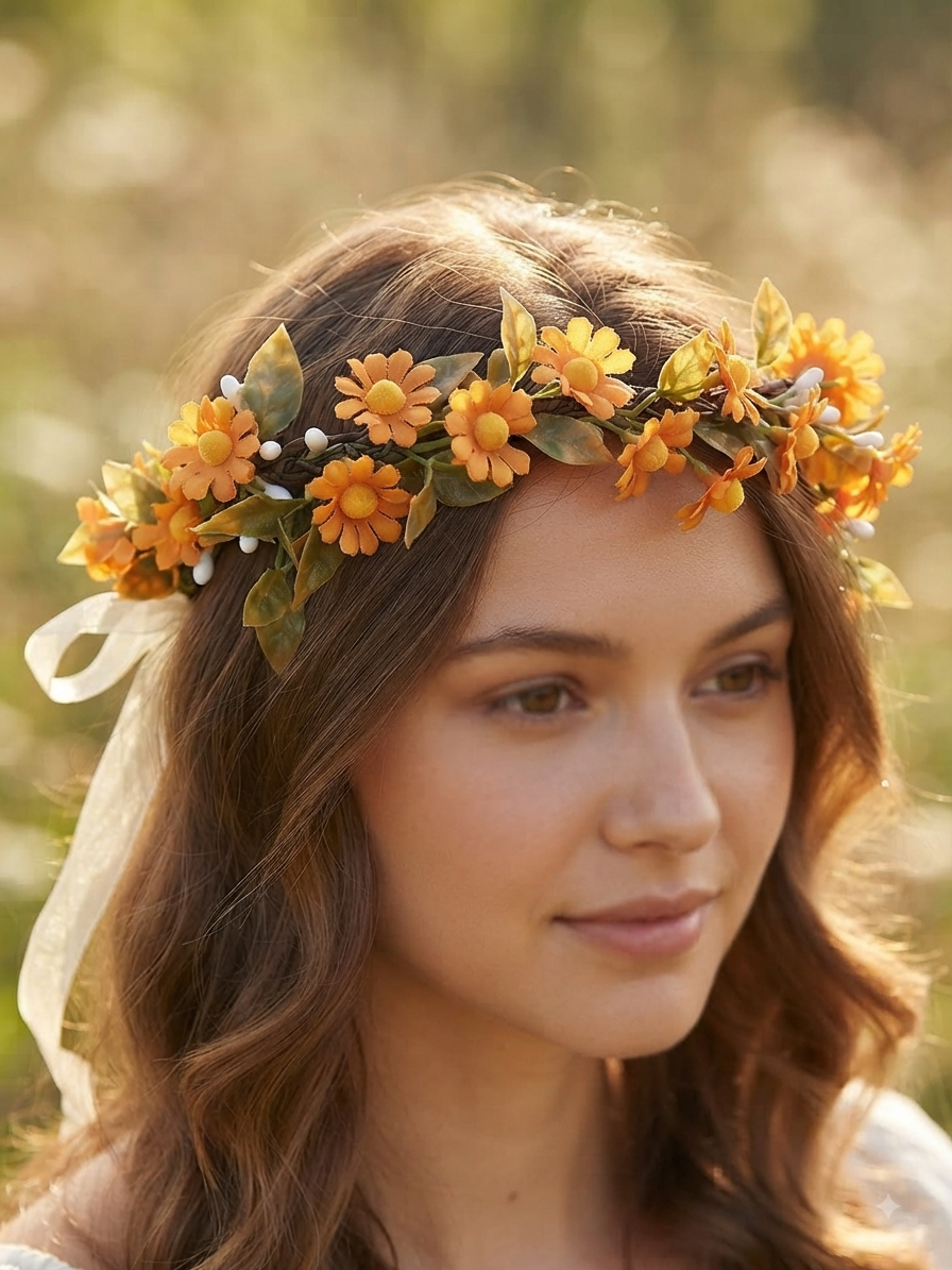 👑 Couronne de Fleurs Bohème Orange - Parfaite pour Mariage et Cérémonie 🌸🌿