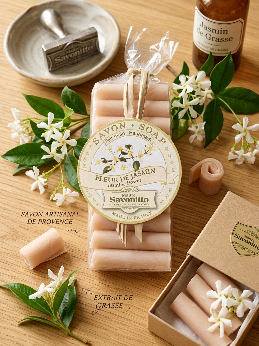 Savons artisanaux en rouleaux parfumés à la Fleur de Jasmin et à l'extrait de Grasse par Maître Savonitto, présentés sur une table en bois avec des fleurs de jasmin fraîches, un flacon de parfum et un tampon en bois traditionnel.