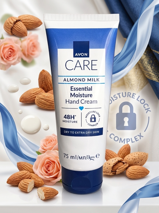 Tube de crème pour les mains Avon Care Almond Milk 75ml pour peaux sèches avec amandes en arrière-plan"