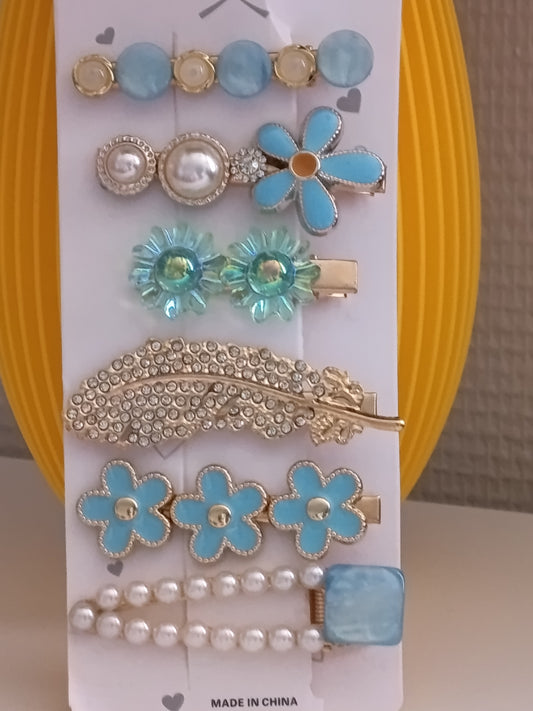 Lot de 6 pinces crocrodiles, dans les tons bleus turquoises et blancs