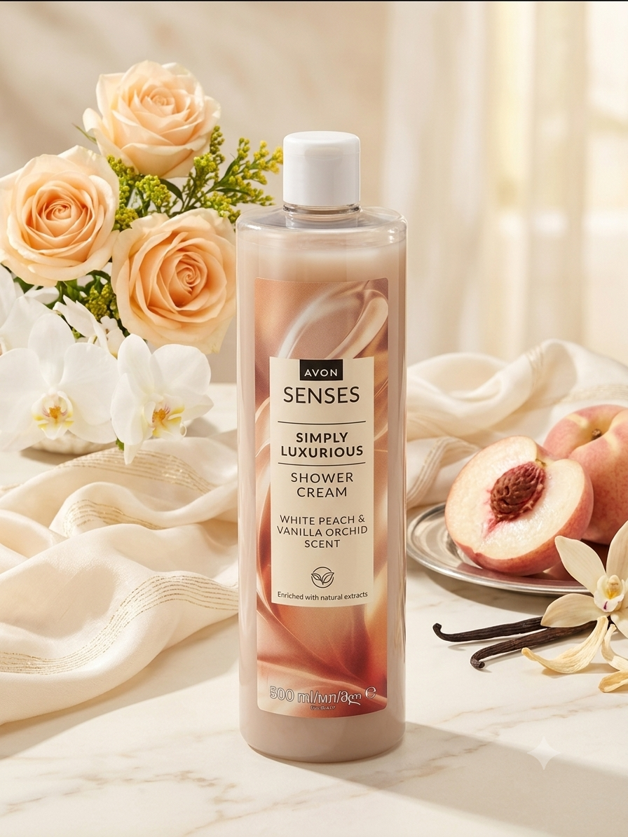 "Flacon de 500ml de gel douche crème Avon Senses Simply Luxurious, au parfum de pêche blanche et d'orchidée vanille."