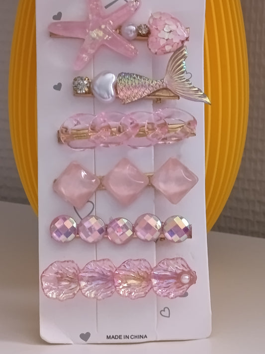 Lot de 6 pinces crocrodiles à cheveux, dans les tons roses clairs, thème mer