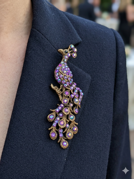 🌺🦚Broche Paon Royale Vintage, Cristal Violet, rose & Aurore Boréale et finition dorée Antique🦚🌺