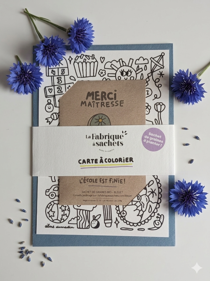 Titre : Kit Cadeau "Merci Maîtresse" – Carte à Colorier & Graines de Bleuets Bio