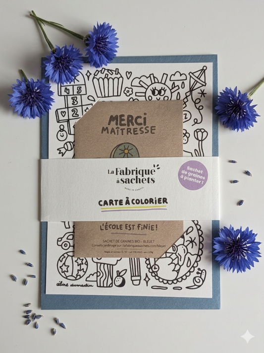 Titre : Kit Cadeau "Merci Maîtresse" – Carte à Colorier & Graines de Bleuets Bio