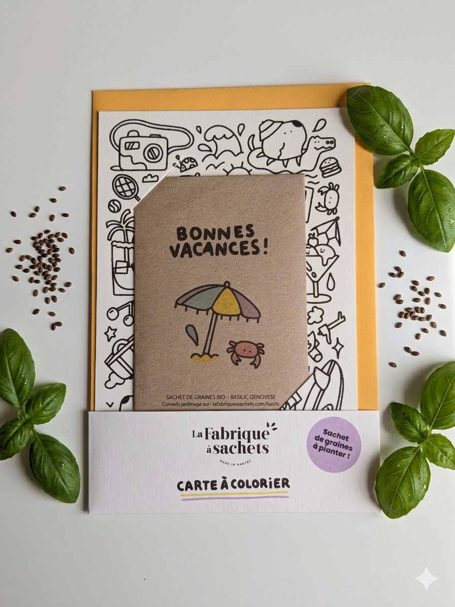Carte à colorier bonnes vacances avec sachet de graines basilic bio - La Fabrique à Sachets".