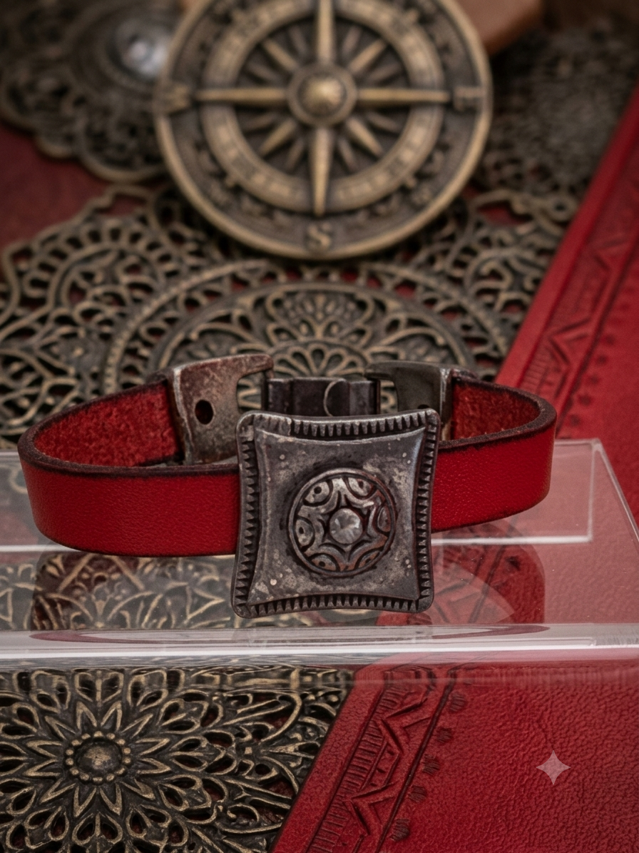 Gros plan sur la texture du cuir rouge et les détails gravés de l'ornement central métallique du bracelet.