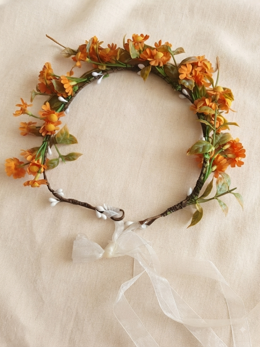 👑 Couronne de Fleurs Bohème Orange - Parfaite pour Mariage et Cérémonie 🌸🌿
