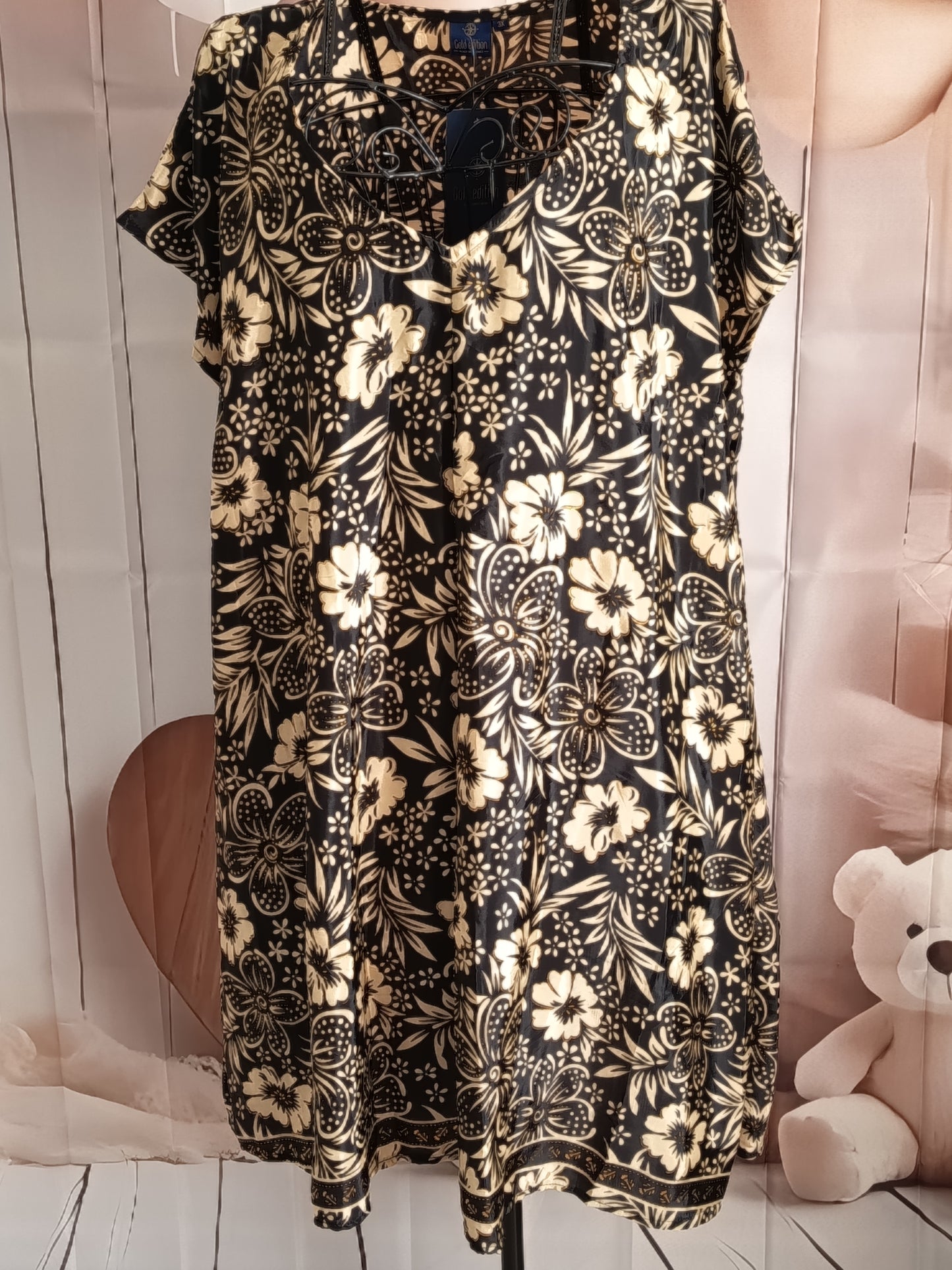 Tunique grande taille, polyester, noire, crème et or, taille 56-58-60, n10