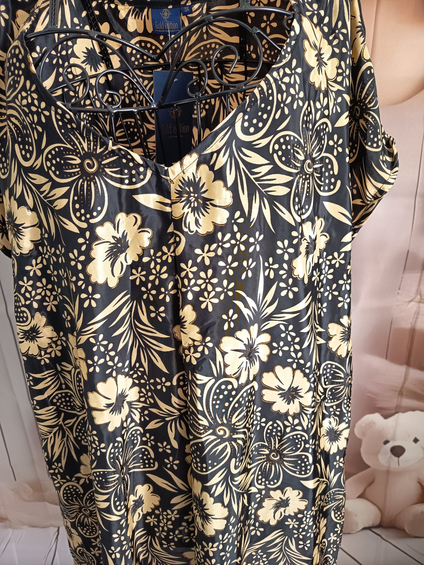 Tunique grande taille, polyester, noire, crème et or, taille 56-58-60, n10