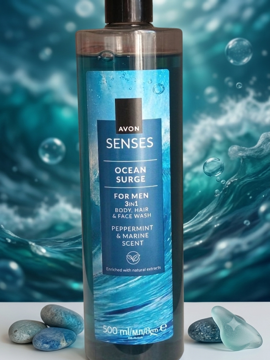 Flacon de gel douche 3-en-1 pour homme Avon Senses Ocean Surge de 500 ml, senteur menthe poivrée et marine, posé devant un fond aquatique avec des galets.