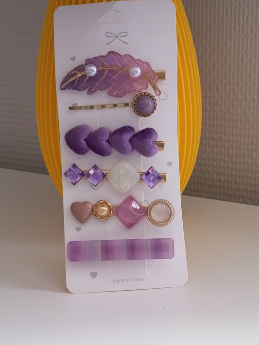 Lot de 5 pinces crocrodiles + 1 barrette à cheveux, dans les tons violets