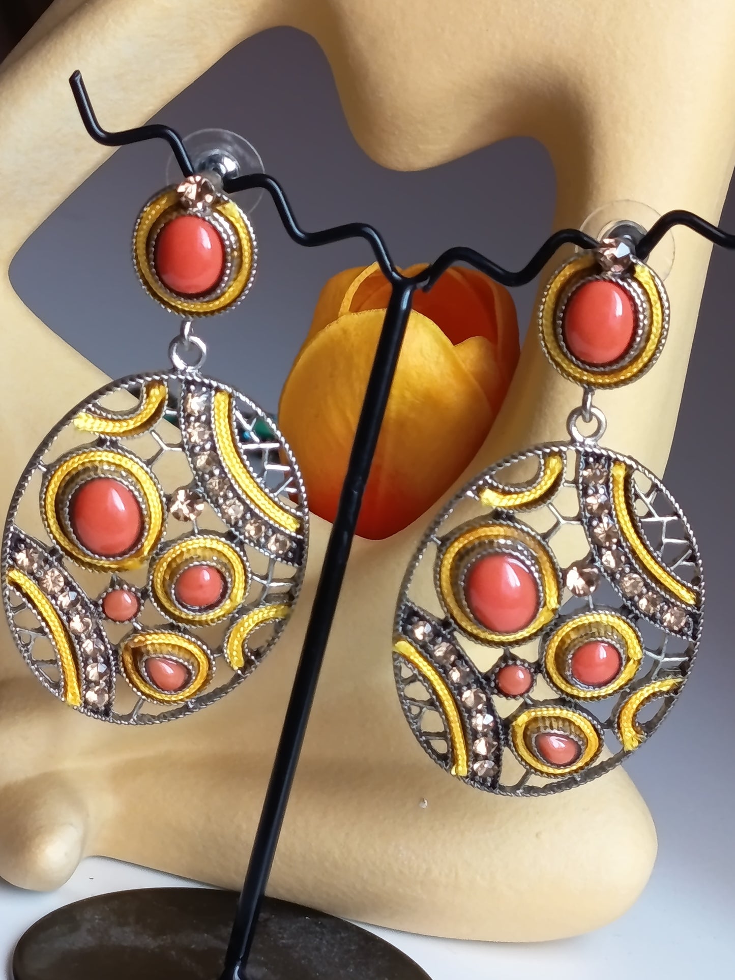 💫💝Boucles d'Oreilles "Solaire" – Cabochons Corail, Cristaux & Passementerie 💝💫