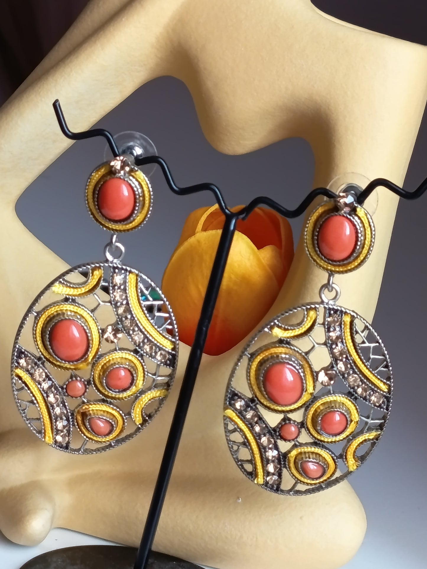 💫💝Boucles d'Oreilles "Solaire" – Cabochons Corail, Cristaux & Passementerie 💝💫