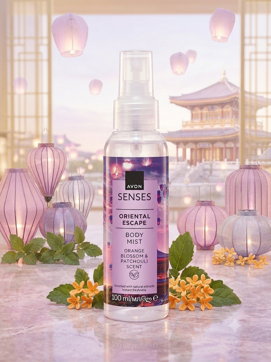 Brume corporelle Avon Senses Oriental Escape senteur fleur d'oranger et patchouli, flacon 100ml devant un bouquet de fleurs orange..