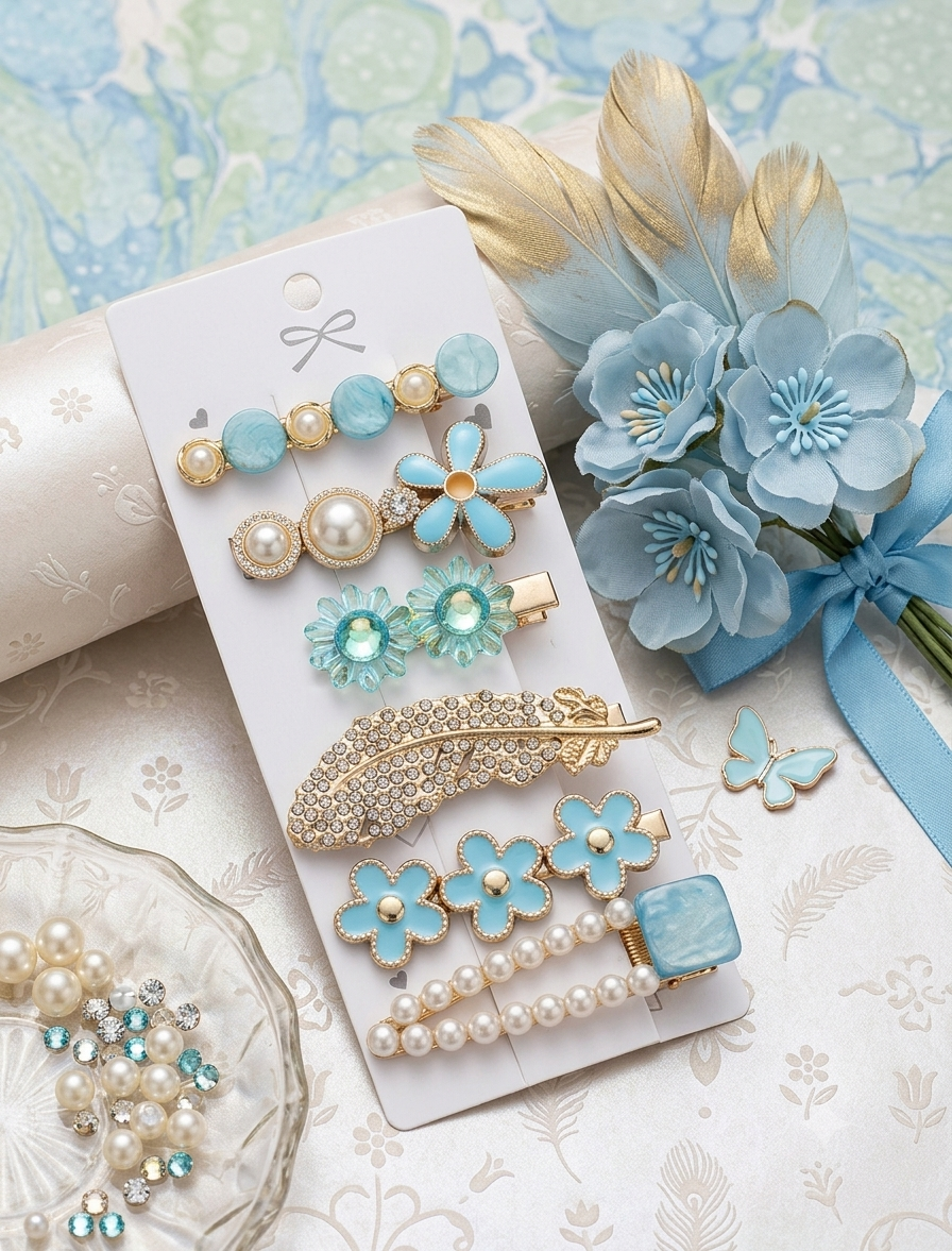 Ensemble de six pinces crocrodile à cheveux élégantes aux tons bleu pastel, ornées de perles, de fleurs et de strass dorés, présentées sur un support blanc