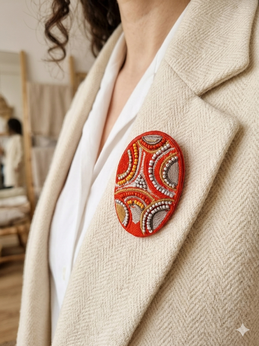 Broche Ovale Brodée à la Main - Style Ethnique & Perles de Rocailles