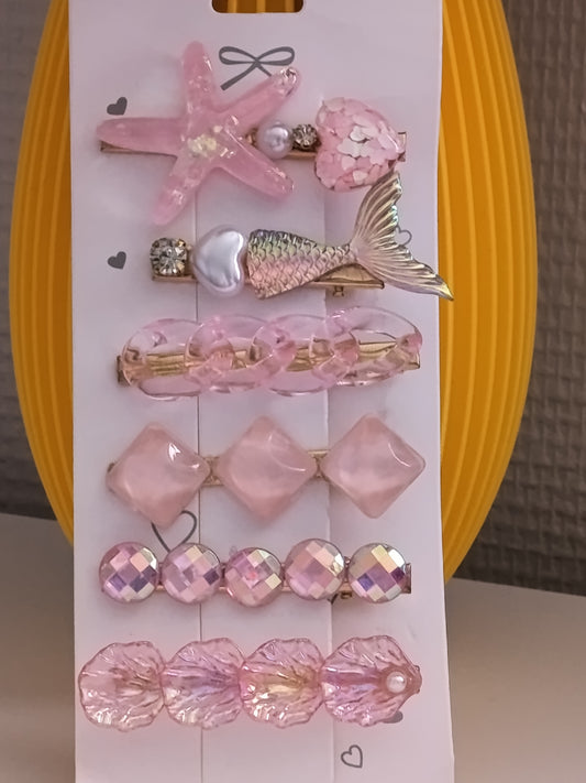 Lot de 6 pinces crocrodiles à cheveux, dans les tons roses clairs, thème mer