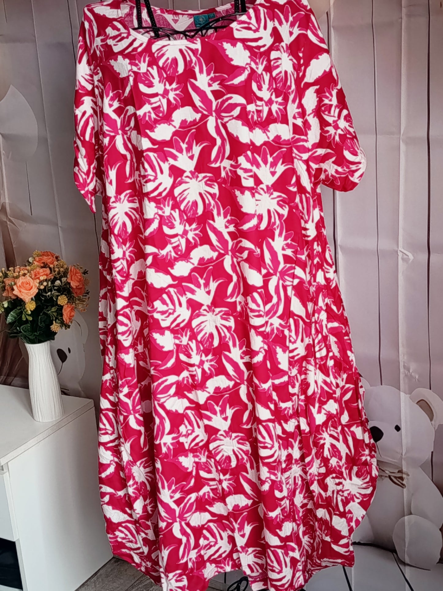 Robe Grande Taille en viscose, blanc et rose, taille 56-58-60, N4