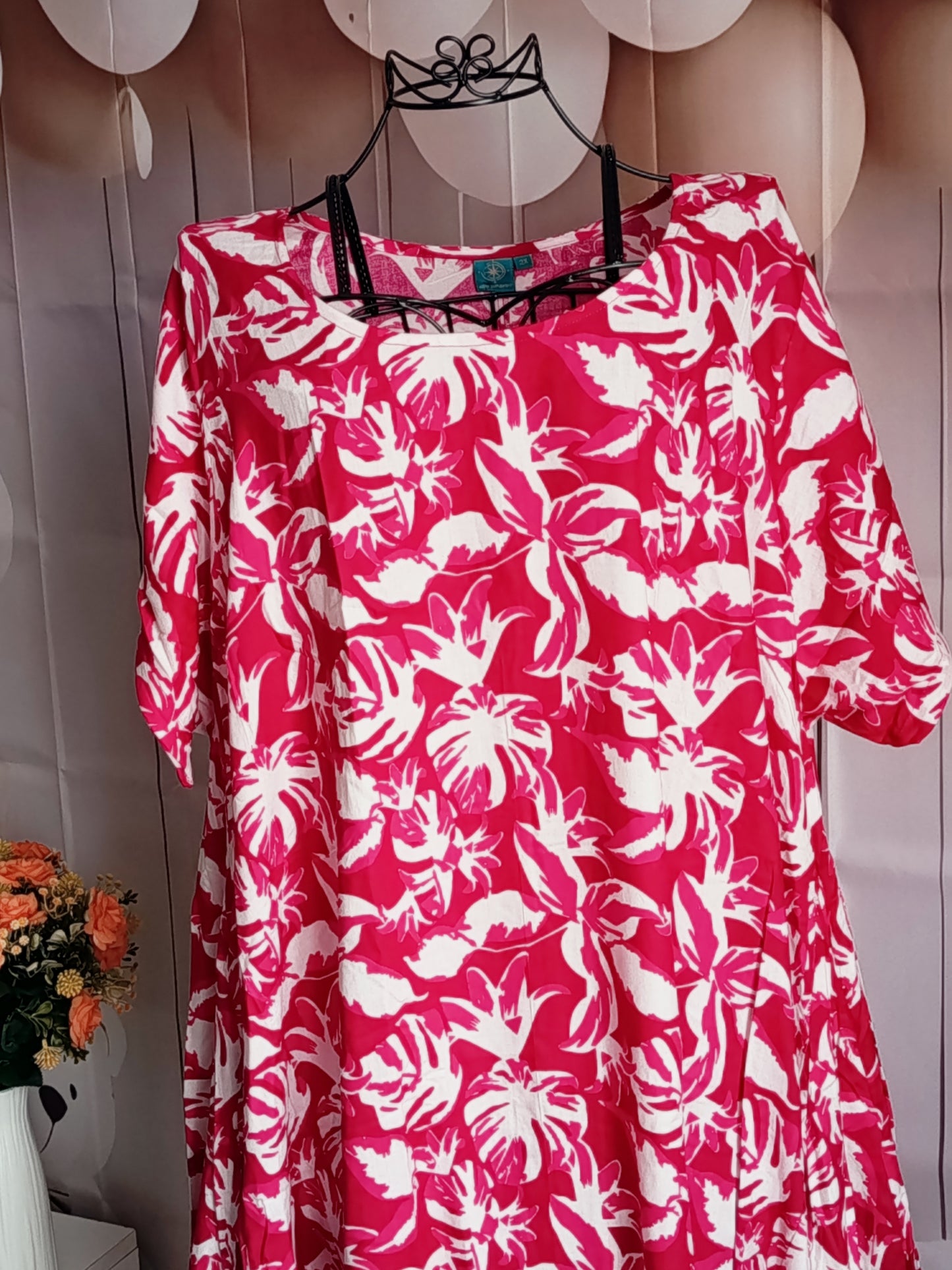 Robe Grande Taille en viscose, blanc et rose, taille 56-58-60, N4