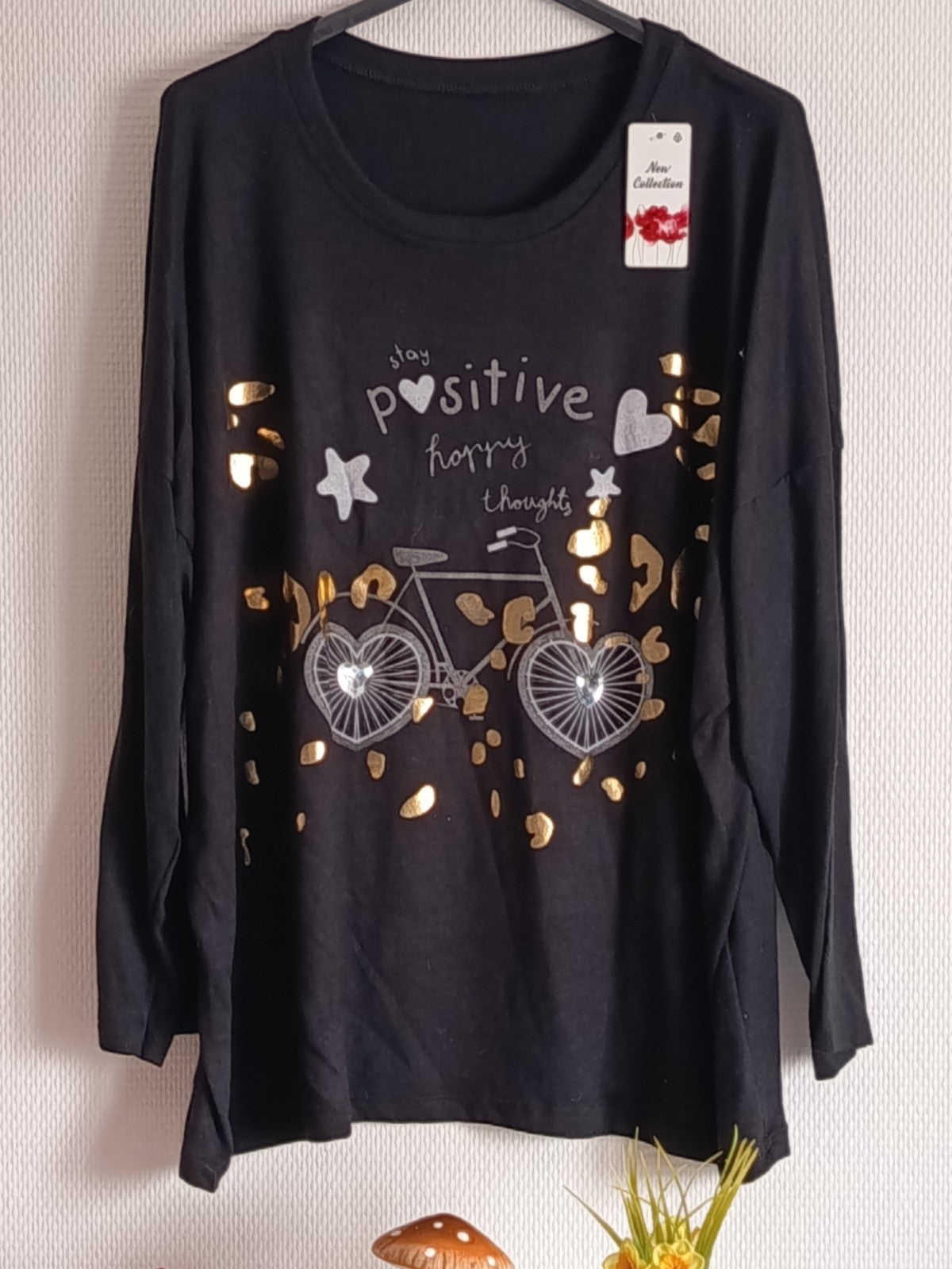 Pull fin noir, en coton et laine, avec imprimés vélo + coeur, taille 54/56