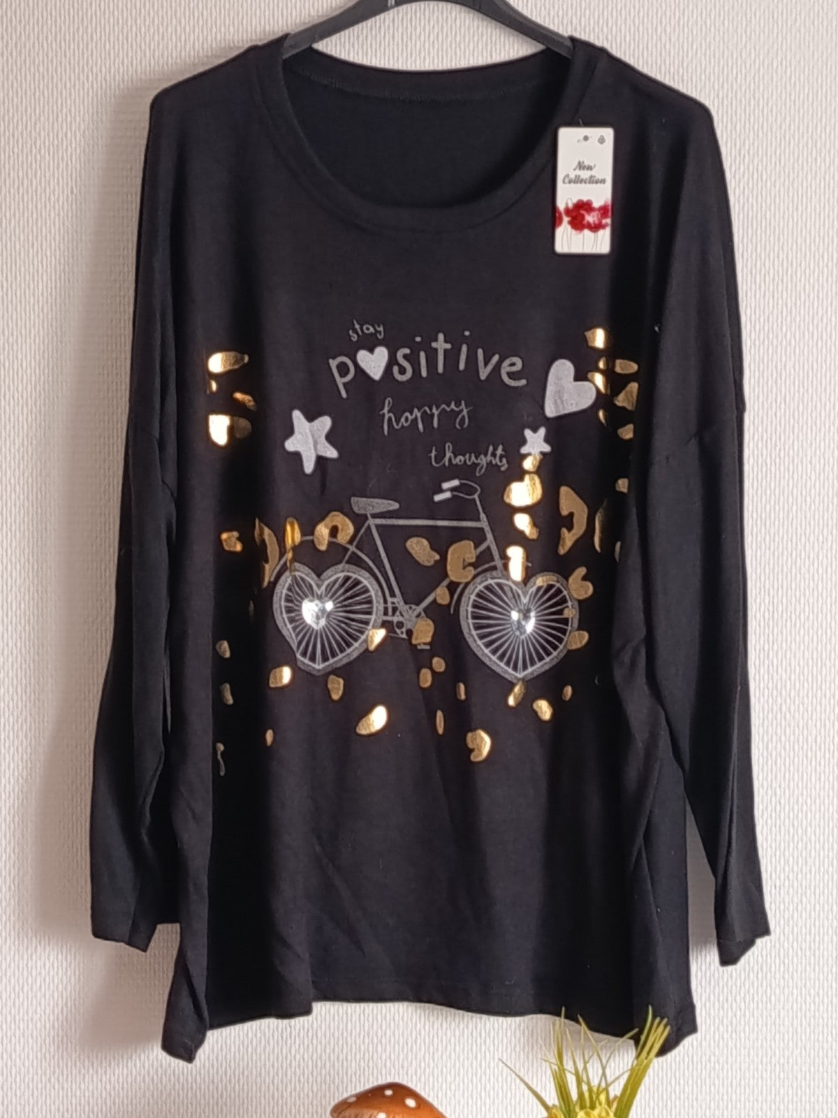 Pull fin noir, en coton et laine, avec imprimés vélo + coeur, taille 54/56