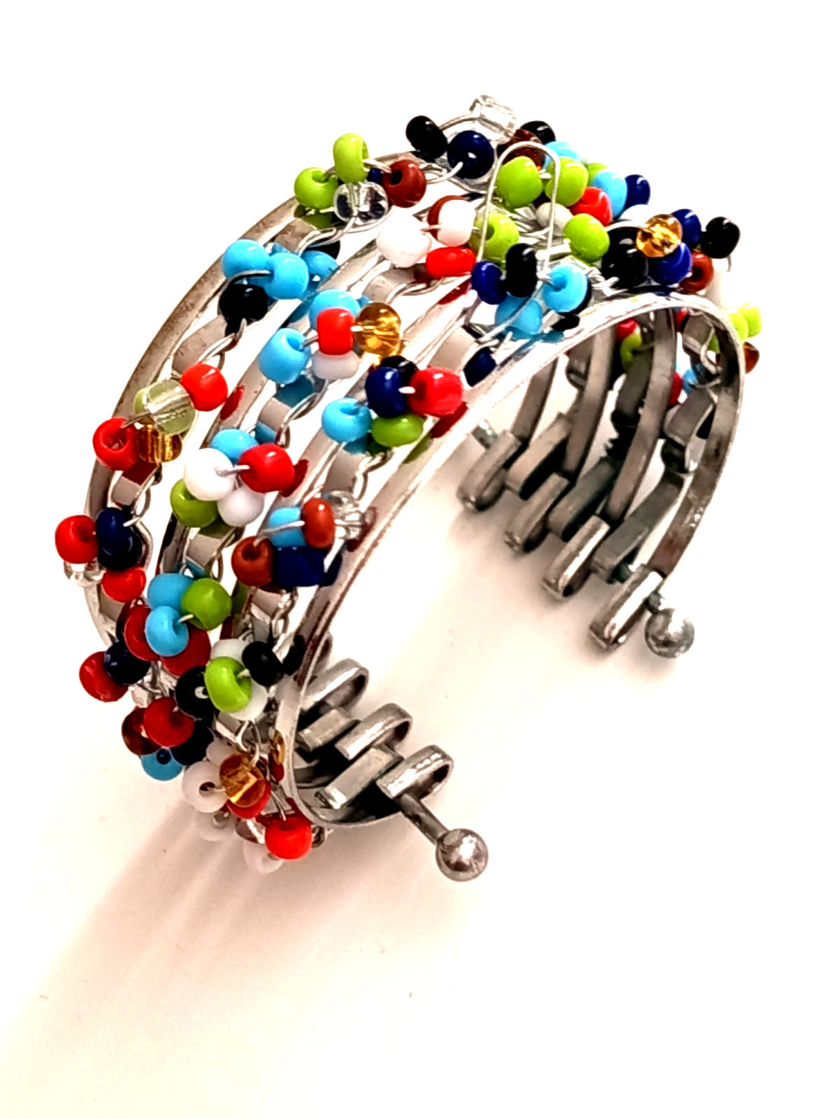 ✨🌺Bracelet Manchette "Arlequin" – Multi-rangs de Perles de Rocaille et Métal Argenté