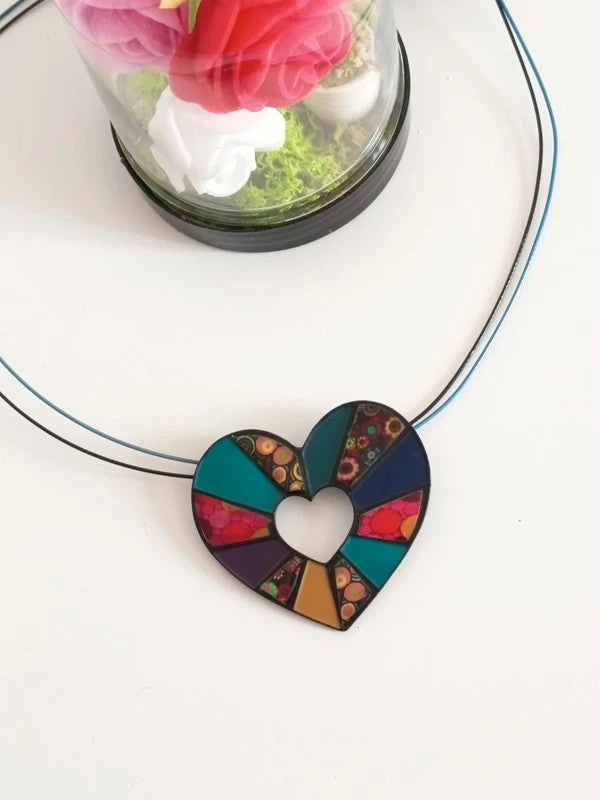 Collier avec pendentif coeur multicolore, effet patchwork, sans nickel, n° 2