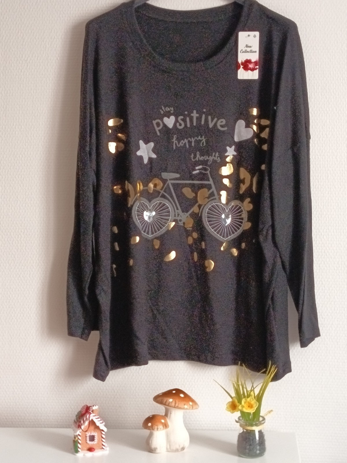 Pull fin noir, en coton et laine, avec imprimés vélo + coeur, taille 54/56